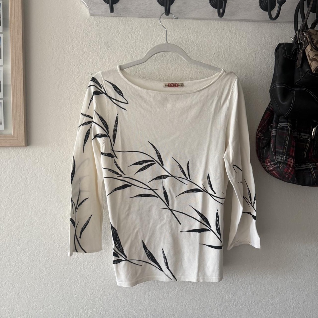 Women’s White Boatneck Top With Black Leaf Print